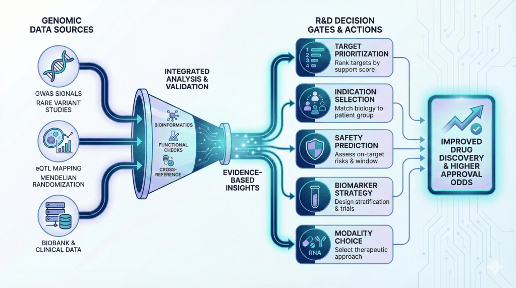 genomics workflow showing GWAS and genetic data guiding drug target selection